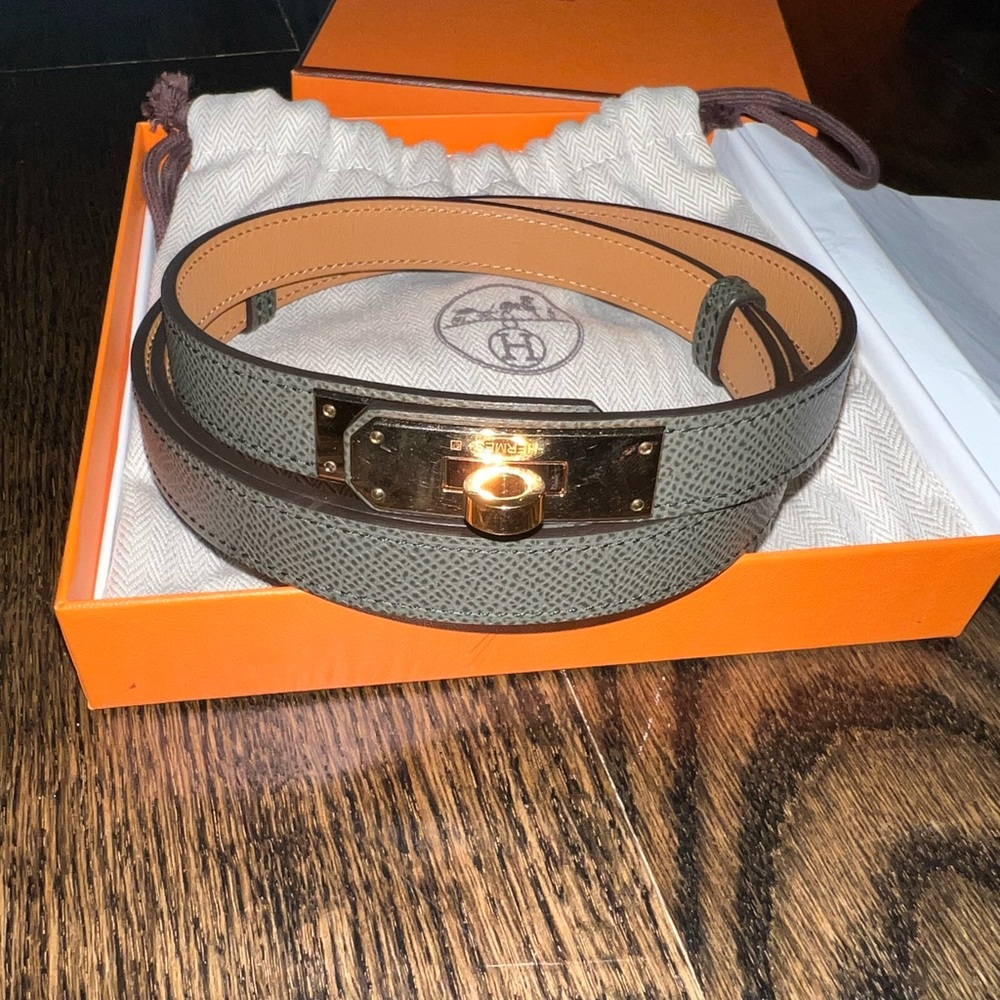 Grayish Green Hermes Kelly Belt with Rose gold hardware